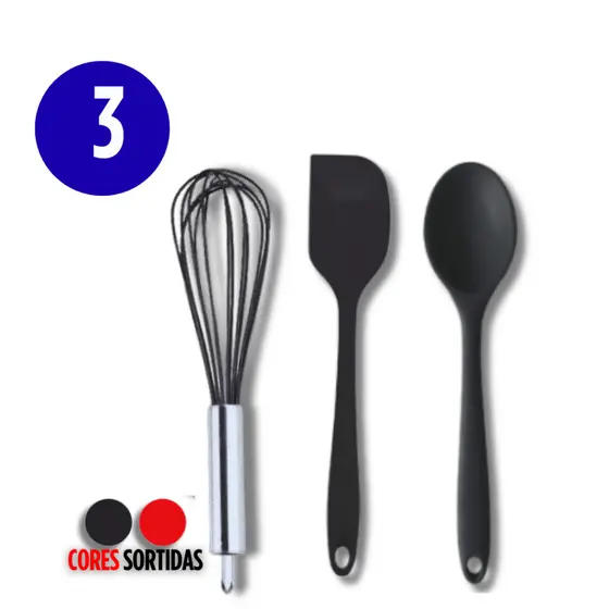 KIT 3 PEÇAS KIKA UTILIDADES – ESPÁTULA PÃO DURO, FUET E COLHER DE SILICONE RESISTENTE