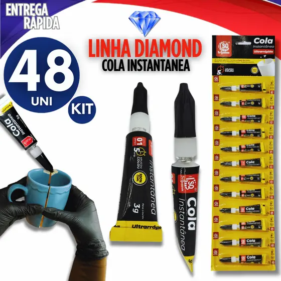 Combo 48 Cola Instantânea 3g de Uso Geral, cartela, super cola bond (ideal para cerâmica, couro, plástico, borracha