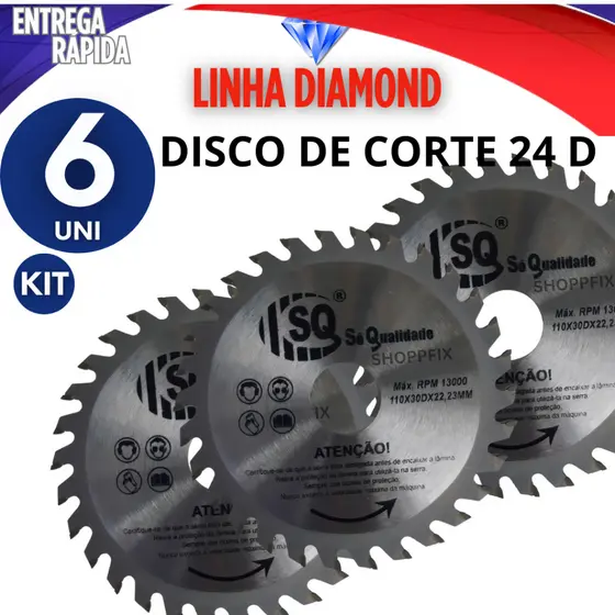 CONJUNTO 6 DISCOS DE CORTE MADEIRA 24 DENTES PEDREIRO MARCENEIRO CONSTRUTOR