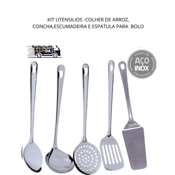 KIT 5 UTENSILIOS EM INOX LINHA RECIFE - ESCUMADEIRA CONCHA COLHER DE ARROZ ESPATULA VAZADA E ESPATULA PARA BOLO PUDIM
