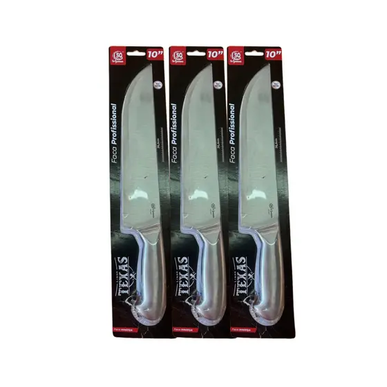 Faca 10” Aço Inox Inteiriça 36,5cm Profissional Para Carne Churrasco Kit 3 unidades