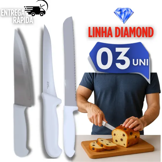 3 Facas Inox Cabo Branco Linha Casa – Peixeira 7", Desossa 6" e Pão 8" ideal para o dia a dia