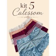 Kit 5 Calessom Izabela Calcinha shortinho Listrada Tanga Sensual Cueca Feminina Básica Poliamida