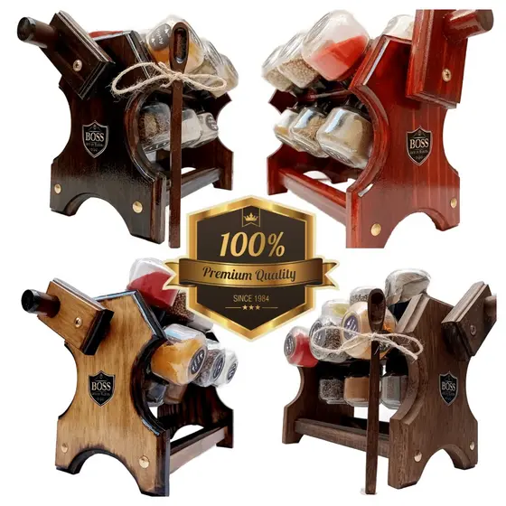 Porta temperos condimentos Artesanal em Madeira Premium com 12 Potes e colher