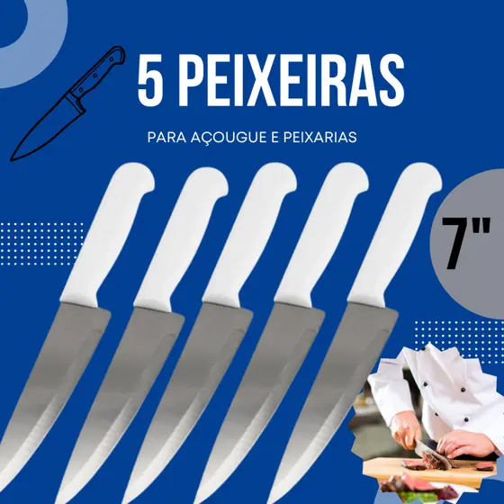 Jogo de 5 Facas 7" Polegadas Para Peixarias, Açougue e Mercearias