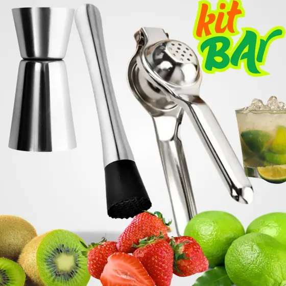 Kit Bar Espremedor de Limão, Socador de Frutas e Gelo Mias Dosador de Bebidas Para Drinks