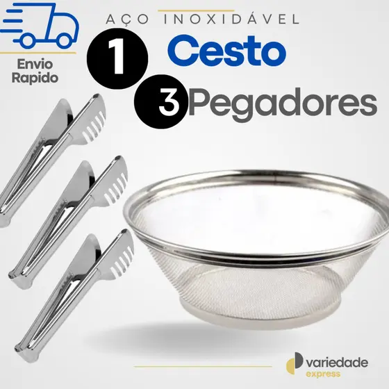 Escorredor de Macarrão + 3 Pegadores em Aço Inox Antiferrugem Ideal Para Restaurantes