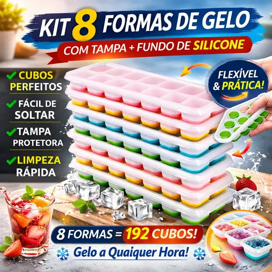 kit 8 Forma c/ Tampa Gelo Ice Flexivel Forma Fundo Silicone