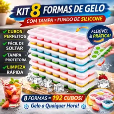 kit 8 Forma c/ Tampa Gelo Ice Flexivel Forma Fundo Silicone