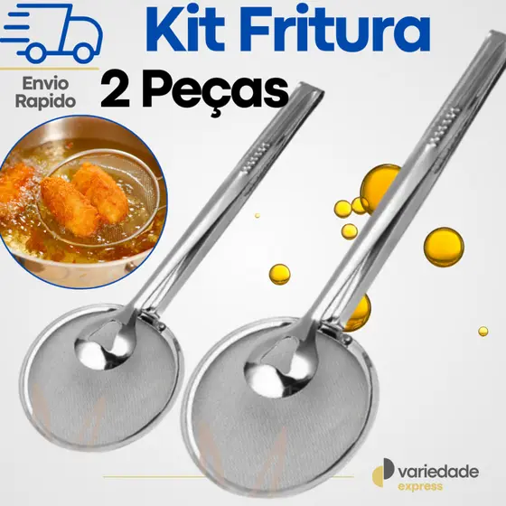Kit 2 Pegador para Frituras Escumadeira Inox com Pinça e Peneira Batata Frango Carne Salgados