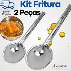 Kit 2 Pegador para Frituras Escumadeira Inox com Pinça e Peneira Batata Frango Carne Salgados