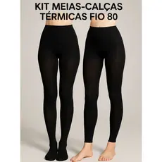 Kit 2 Meias-Calça Térmica Preta Peluciada Fio 80 Com Pé e Sem Pé Calça Segunda Pele