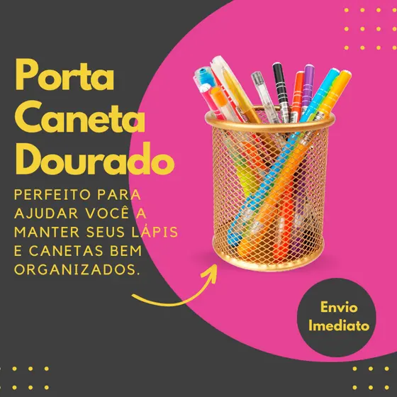 Porta Caneta Porta Lapis Porta Treco Aramado Redondo Dourado 10cm