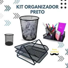 Kit Escritório Organizador Bandeja Lixeira Porta Lápis Lixo Preto