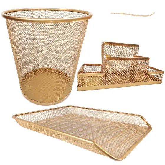 Kit Escritório Lixeira + Organizador de Mesa +  Bandeja Premium