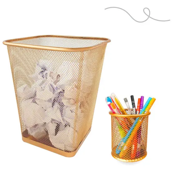 Kit Escritório Lixeira Retangular E Porta Caneta Dourado Top