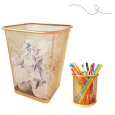 Kit Escritório Lixeira Retangular E Porta Caneta Dourado Top