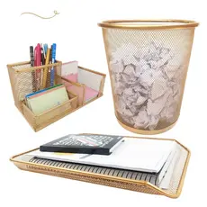 Kit Escritório Lixeira, Organizador De Mesa, Bandeja Organizadora Dourado Ouro
