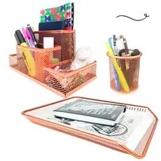 Kit Escritório Porta Caneta Organizador Mesa Bandeja Rose Gold