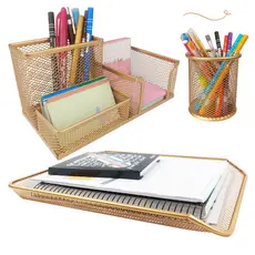 Kit Escritório Porta Caneta Lápis, Organizador de Mesa, Bandeja Organizadora Dourado