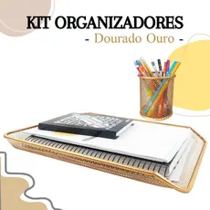 Bandeja Organizadora Papel A4 Documentos e Porta Caneta Lápis Escritório Dourado Ouro