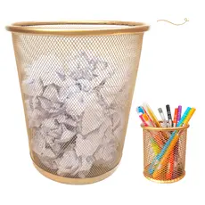 Kit Lixeira Escritório E Porta Caneta Dourado
