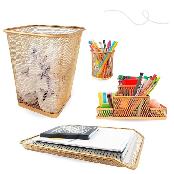 KIT LIXEIRA RETANGULAR PORTA CANETA ORG DE MESA E BANDEJA DOURADO