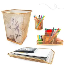 KIT LIXEIRA RETANGULAR PORTA CANETA ORG DE MESA E BANDEJA DOURADO