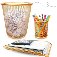 Kit Escritório Porta Caneta Lápis, Lixeira Aramada 10 Litros, Bandeja Organizadora Papel A4 Dourado