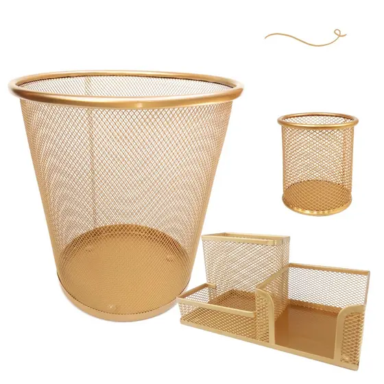 Kit Organizador, Porta Caneta e Lixeira Escritório Dourado