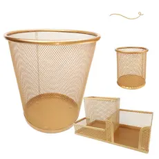 Kit Organizador, Porta Caneta e Lixeira Escritório Dourado