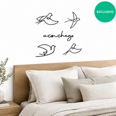 Composição de quadros 4 pássaros minimalista vazado + frases decorativas para paredes Aconchego Mdf