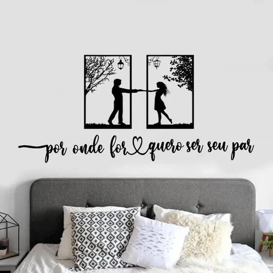 Quadro Casal Apaixonado Cabeceira + Frase de parede Por onde for quero ser seu par Mdf Decorativo