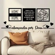 Kit 3 quadro decorativo para sala cabeceira Home sweet Home + Frase abençoados por Deus religiosa