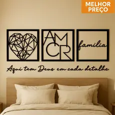 Kit 3 quadros Decorativos Família Coração Geométrico Amor + Frase Aqui tem Deus em cada detalhe Casa