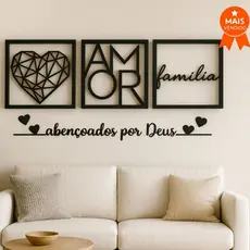 Kit 3 Quadros Familia Coração Geométrico Amor + Frase de Parede Abençoados por Deus Religioso MDF