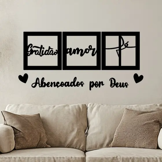 Kit 3 Quadros Parede Quarto Gratidão Amor Fé + Frase  Abençoados Por Deus + 2 Mini Aplique Coração