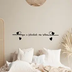 Frase de Parede Que a Felicidade Vire rotina + 2 Mini aplique Corações Decorativo para Quarto Cama Cabeceira MDF
