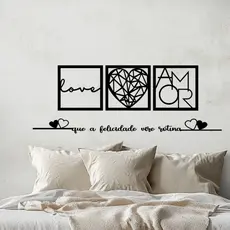Quadros Decorativos Quarto Love Coração Amor + Frase Que A Felicidade Vire Rotina + Mini 2 Corações