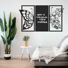 Painel 3 Quadros Borboleta Frase Que a felicidade vire rotina Decorativo