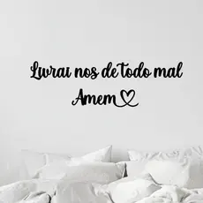 Frase de parede Livrai-nos de Todo Mal Amém com Coração Decoração Parede Sala Cabeceira Religioso