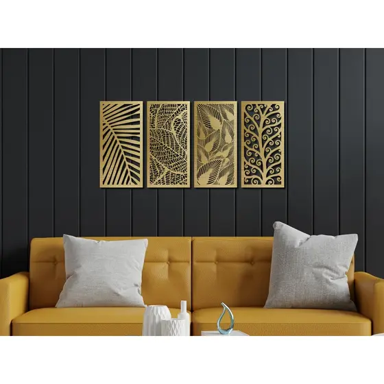 Conjunto 4 Quadro Folhas Vazado Decorativo Escultura Parede