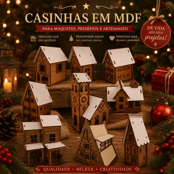 Mini Casinhas Medievais Kit 10 MDF Artesanais Nogueira e Tabaco – Presépio, Maquete e Decoração