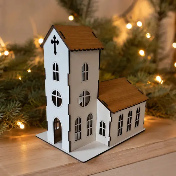 Igreja/Casinha em MDF Laminado Branco e Caramelo 23x15x21 cm – Ideal para Maquetes e Presépios