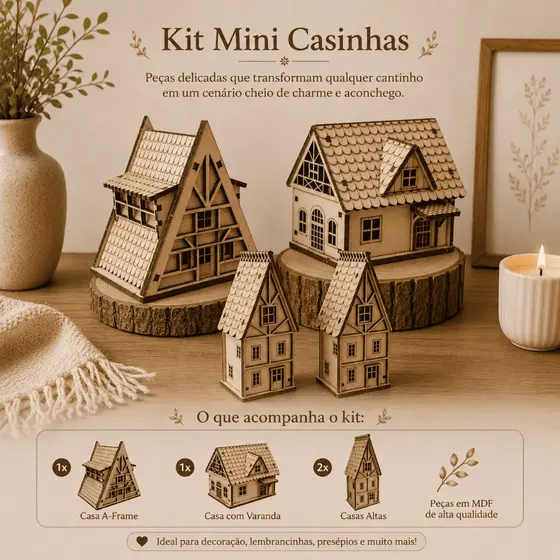 Kit com 4 Mini Casas em MDF Cru 16x6,3cm – Casinhas Decorativas para Artesanato, Maquete e Presépio