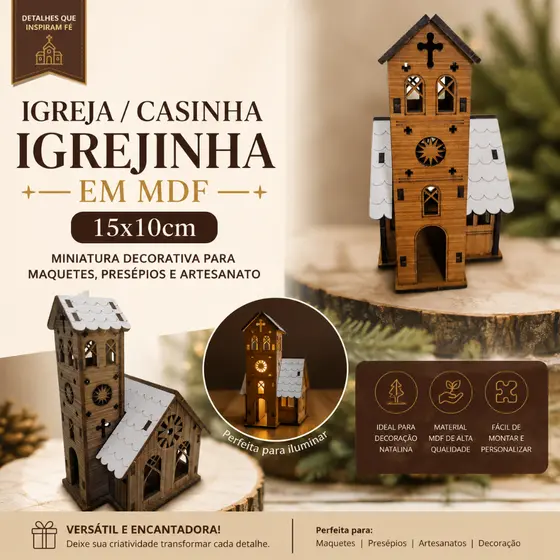 Igreja/Casinha Igrejinha em MDF 15x10cm – Miniatura Decorativa para Maquetes, Presépios e Artesanato