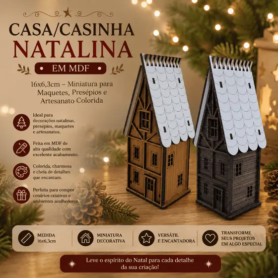 Casa/Casinha Natalina em MDF  16x6,3cm – Miniatura para Maquetes, Presépios e Artesanato Colorida