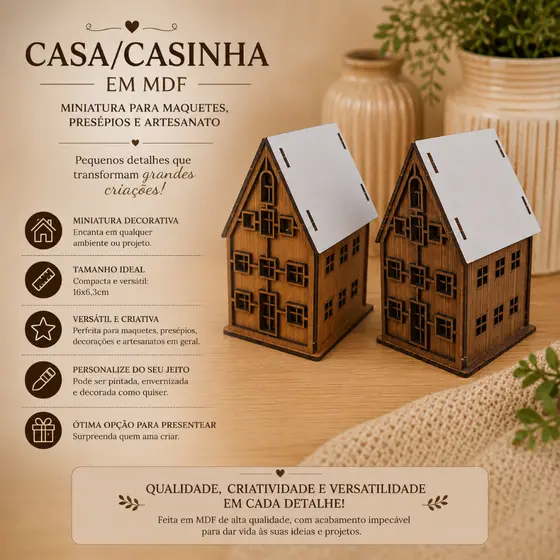 Casa/Cabana Medieval em MDF 8,5 x 5,5cm – Miniatura para Maquetes, Presépios e Artesanato Colorida