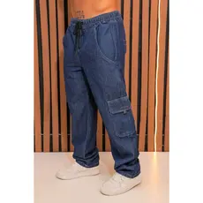 Calça Cargo Jeans Larga Masculina Skate 6 Bolsos Fechamento Cordão unissex