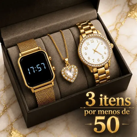 Kit Relógio Feminino Dourado 3 em 1 LED Digital + Colar Coração Luxo Presente